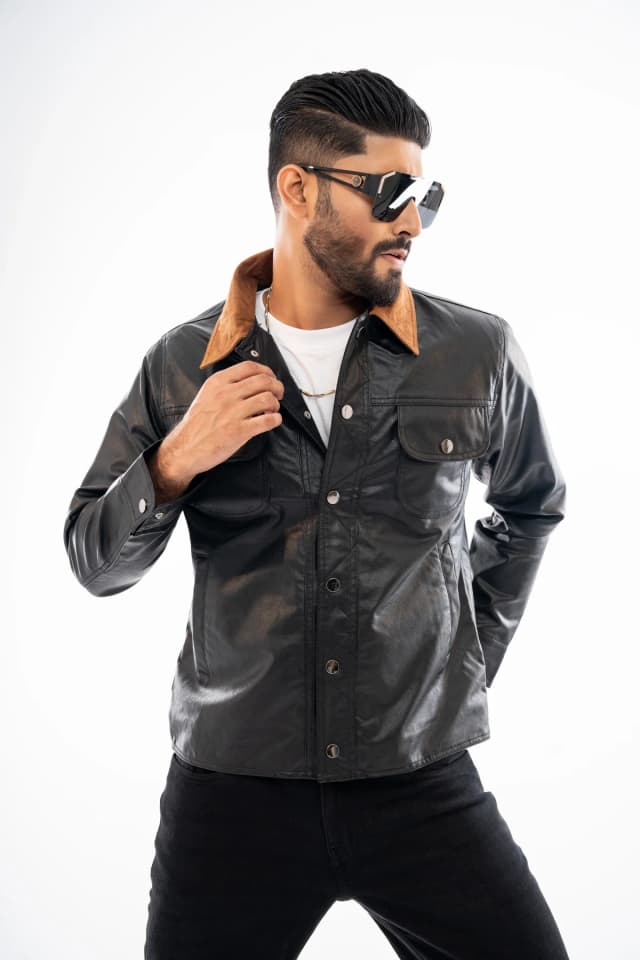 Black Leather Collar Contrast Jacket