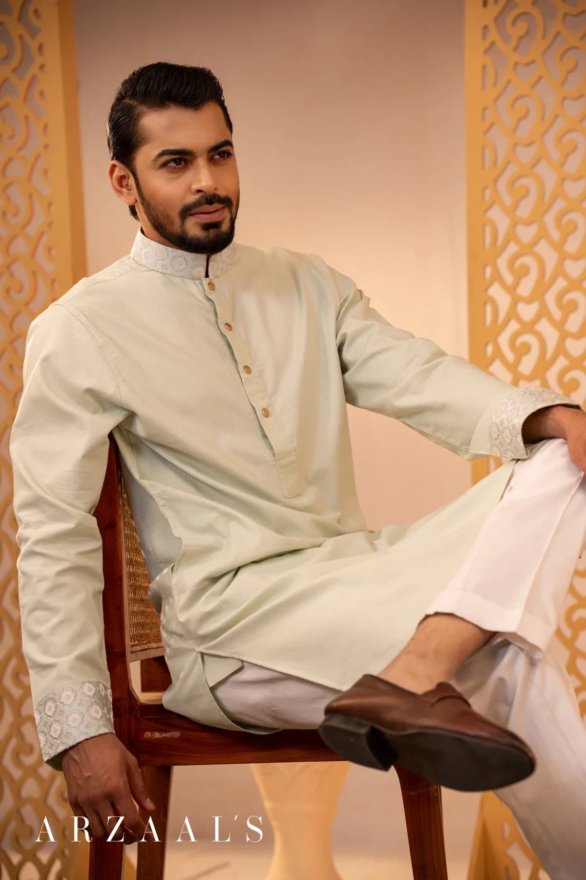 ARZAALS LIGHT LEMON GOLD CONTRUST PANJABI thumbnail 2