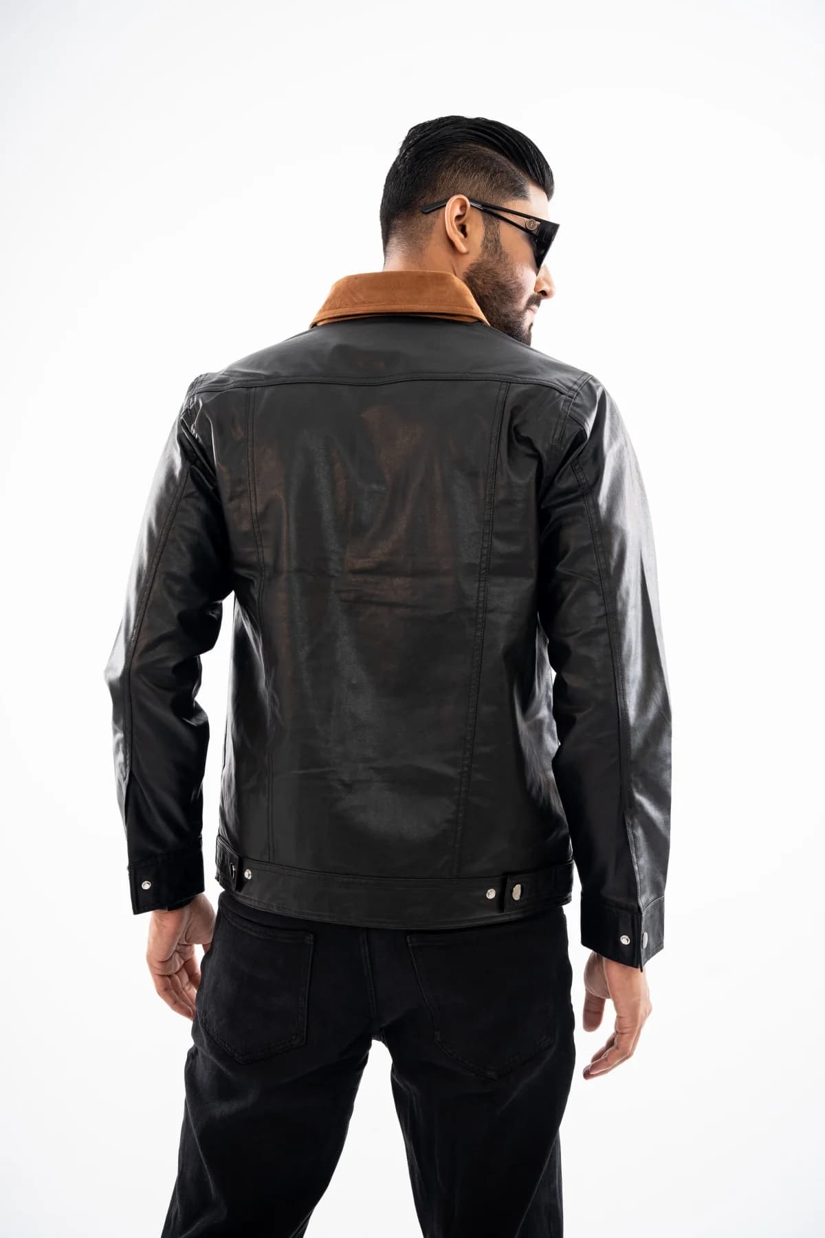 Black Leather Collar Contrast Jacket thumbnail 4