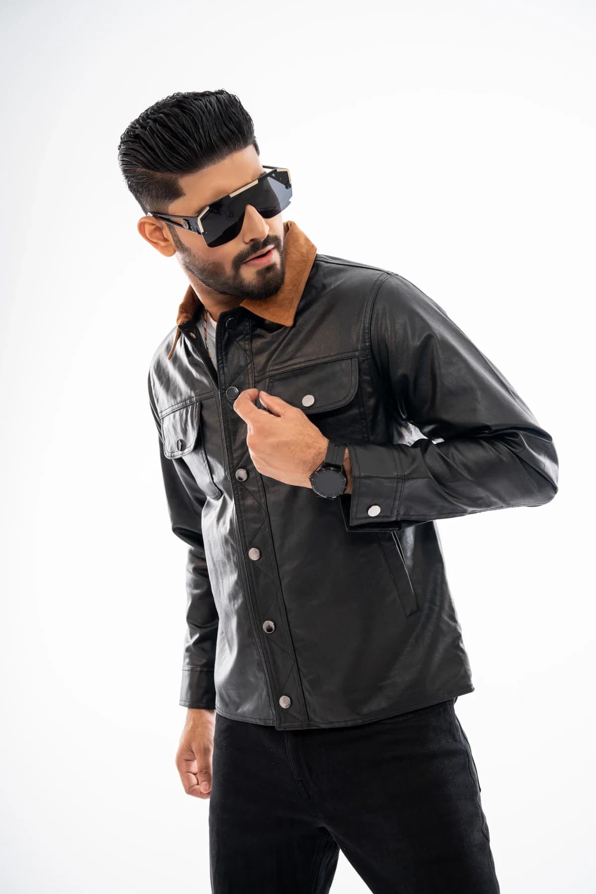 Black Leather Collar Contrast Jacket thumbnail 3
