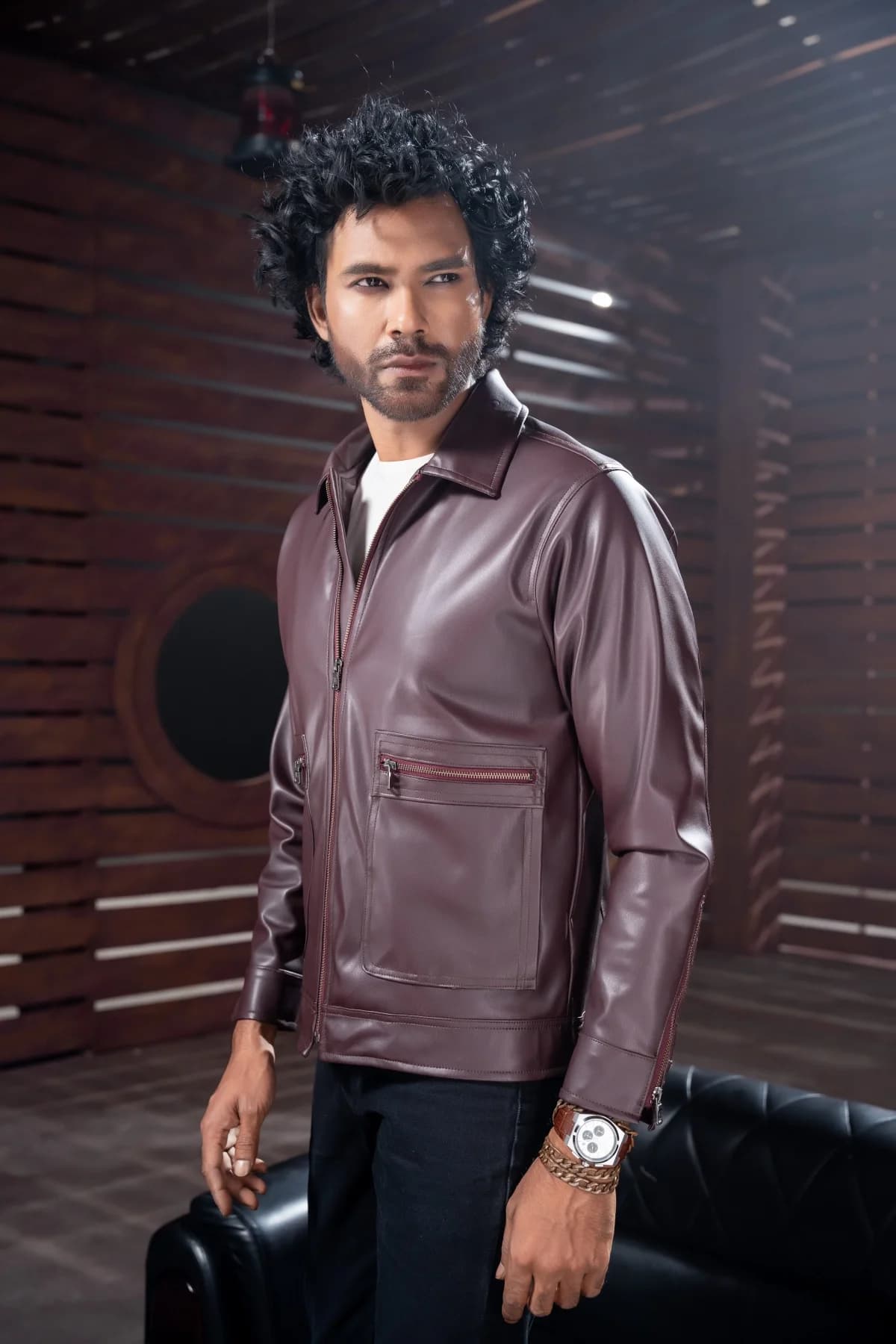 Burgundy Leather Jacket ST05 thumbnail 5